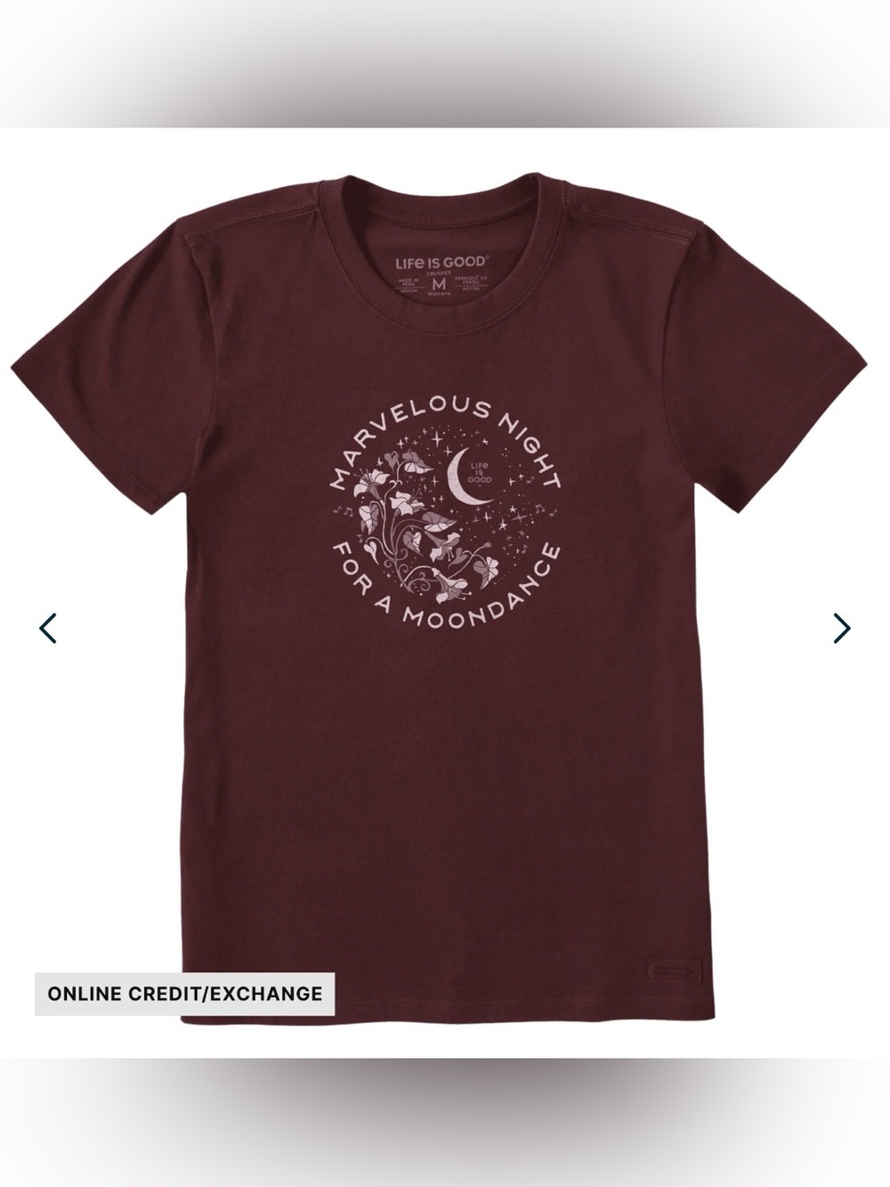 Life Is Good Crusher Tee Women’s Moondance Short Sleeve Deep Burgundy NWT